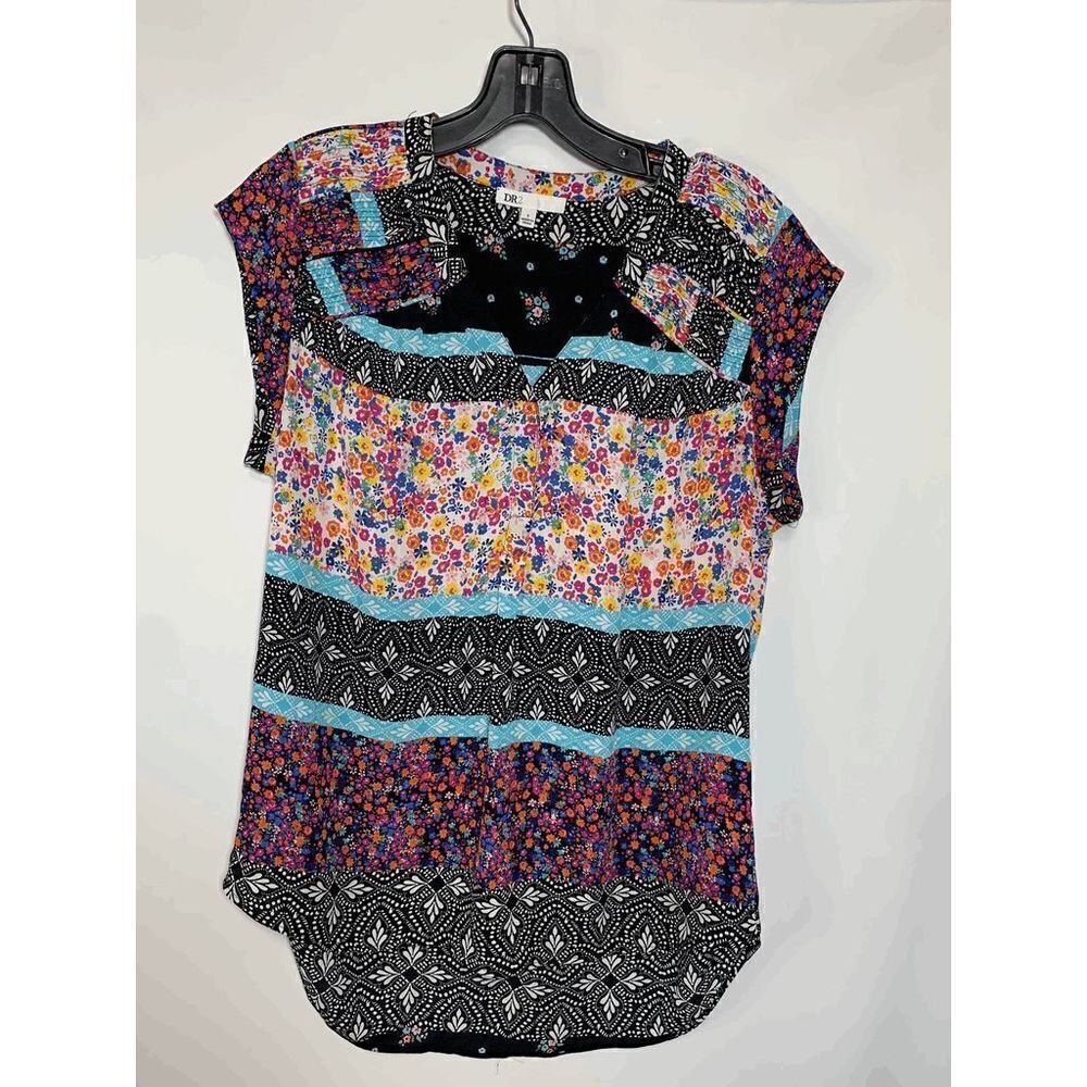 DR2 Women's Multicolor Floral Short Sleeve V Neck Casual Tunic Blouse Top Small